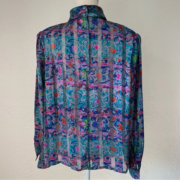NICOLA AMAZING VINTAGE FLORAL MOCK NECK BUTTON DOWN BALOON SLEEVE BLOUSE TOP - Picture 5 of 16